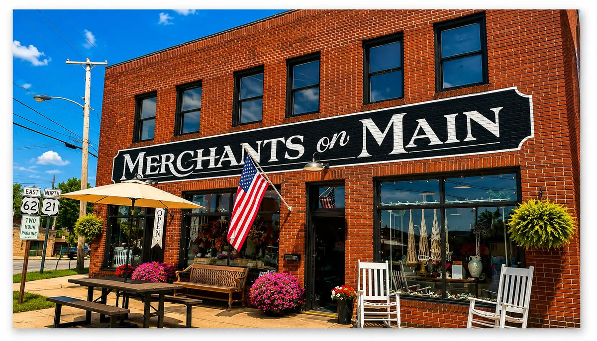 A brick storefront building with a large black sign reading “MERCHANTS on MAIN” in white lettering. The shop front has large windows, an American flag hanging on the left, outdoor seating with a tan umbrella, picnic tables, white chairs, and pink flower arrangements.