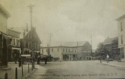 Historic postcard captioned Center Square looking west, Navarre, Ohio