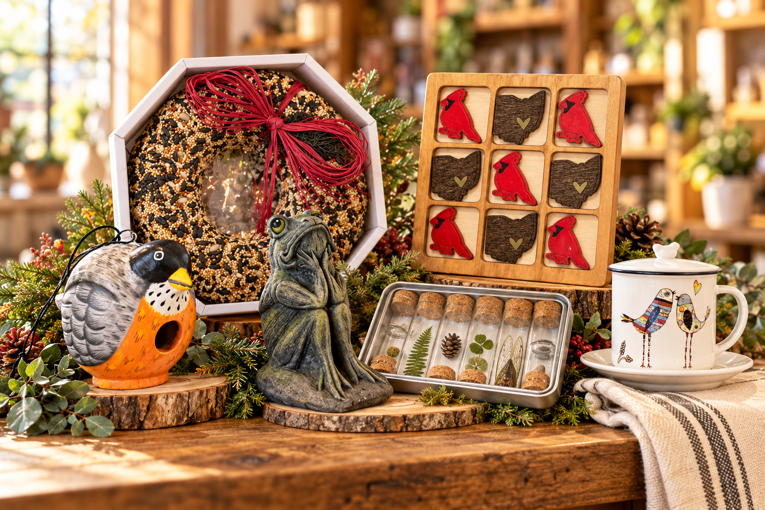Terra Depot birdhouse, seed wreath, Ohio cardinal game, botanical collecting kit, and bird mug